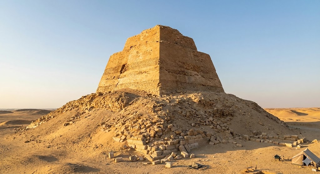 La Piramide di Meidum con il suo caratteristico profilo a torre dovuto al crollo parziale del rivestimento esterno