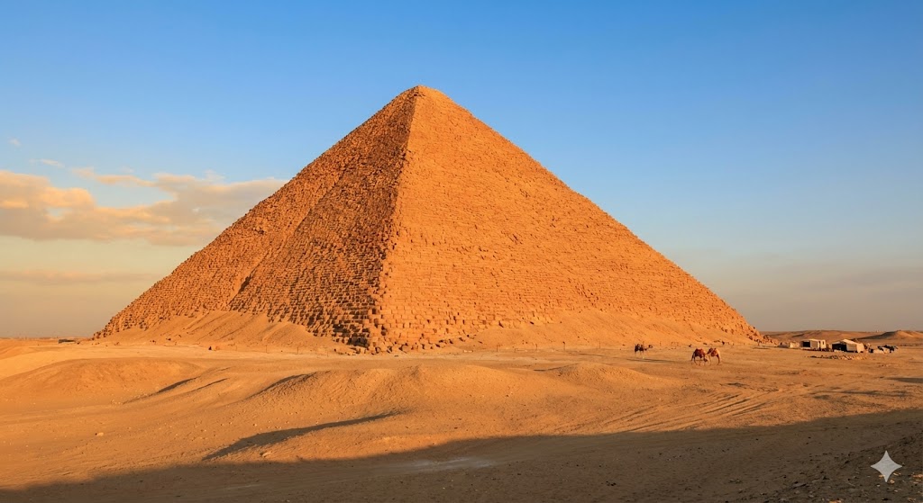 La maestosa Piramide Rossa di Dahshur che si erge nel deserto egiziano con le sue caratteristiche pietre calcaree rossastre