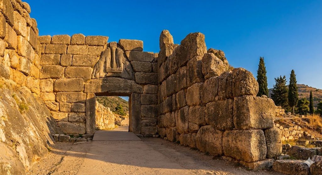 La maestosa Porta dei Leoni di Micene con il celebre rilievo scultoreo e il triangolo di scarico
