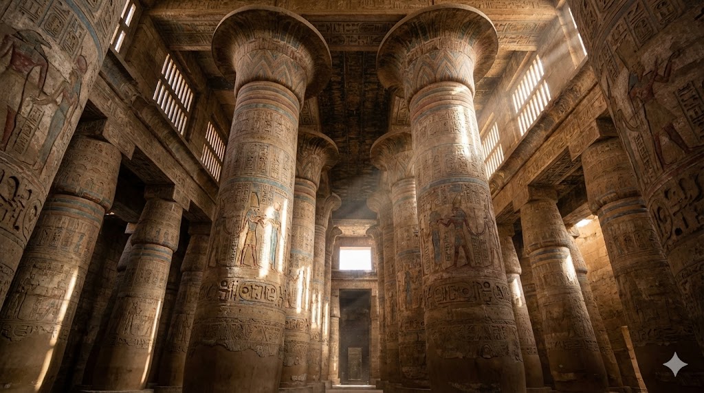 La maestosa Sala Ipostila di Karnak con le sue 134 colonne giganti decorate con geroglifici