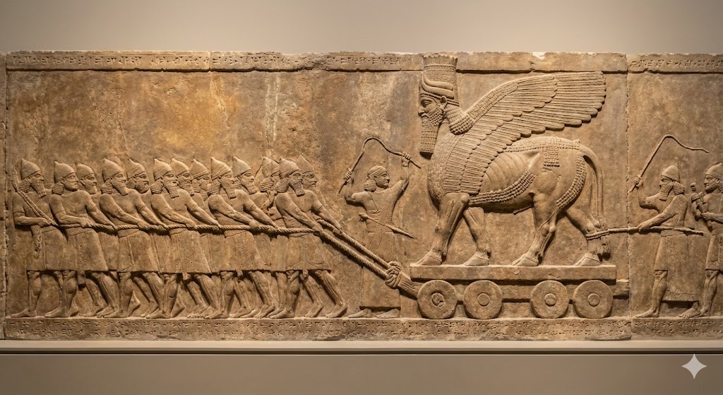 Bassorilievo assiro mostra trasporto di lamassu su slitta trainata da centinaia di prigionieri