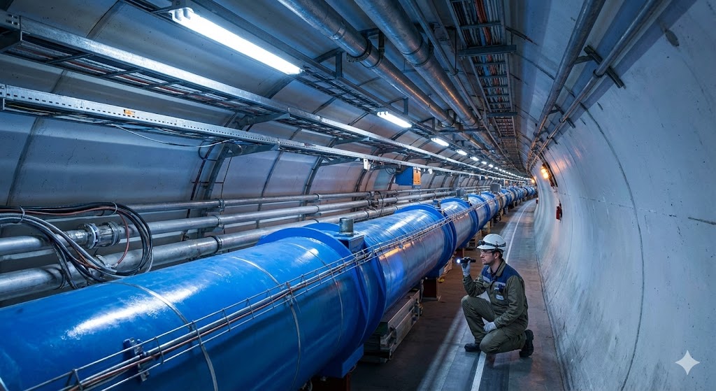 L'interno del tunnel dell'LHC con i tubi dei magneti superconduttori blu che si estendono in lontananza.