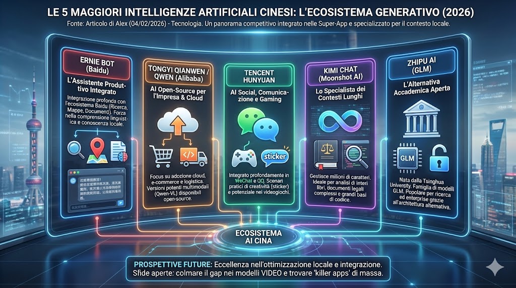 Interfacce di chat AI cinesi: Ernie Bot, Tongyi Qianwen, Kimi Chat su schermi digitali