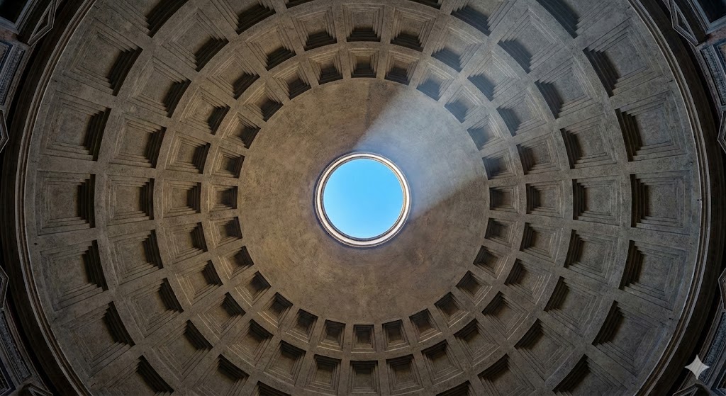 Cupola del Pantheon con l'oculus centrale e i cassettoni a trapezio che riducono il peso strutturale della volta