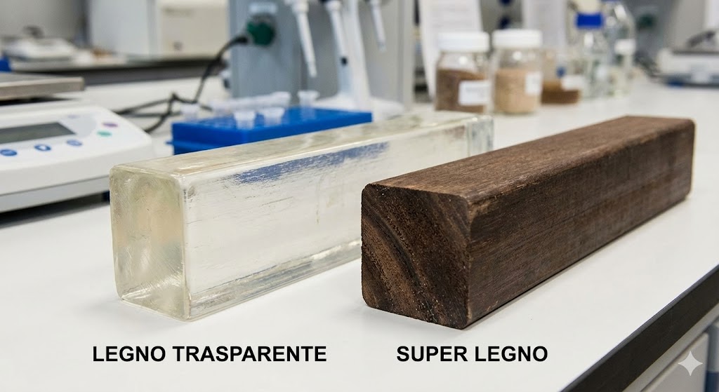 Campioni di legno trasparente e super-legno densificato a confronto con vetro e acciaio