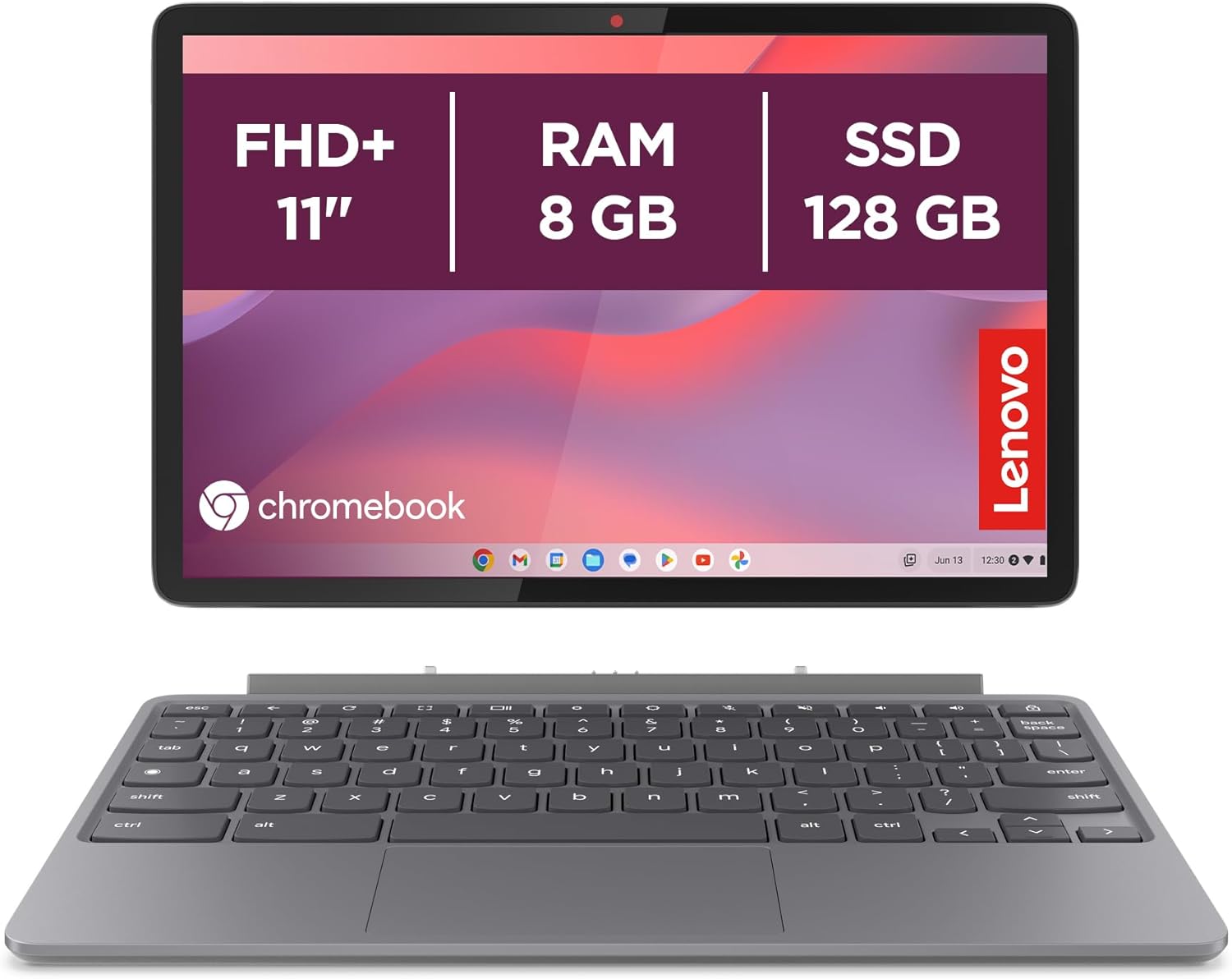 Il Lenovo Duet Chromebook 11 mostrato sia come tablet che con la tastiera staccabile collegata.