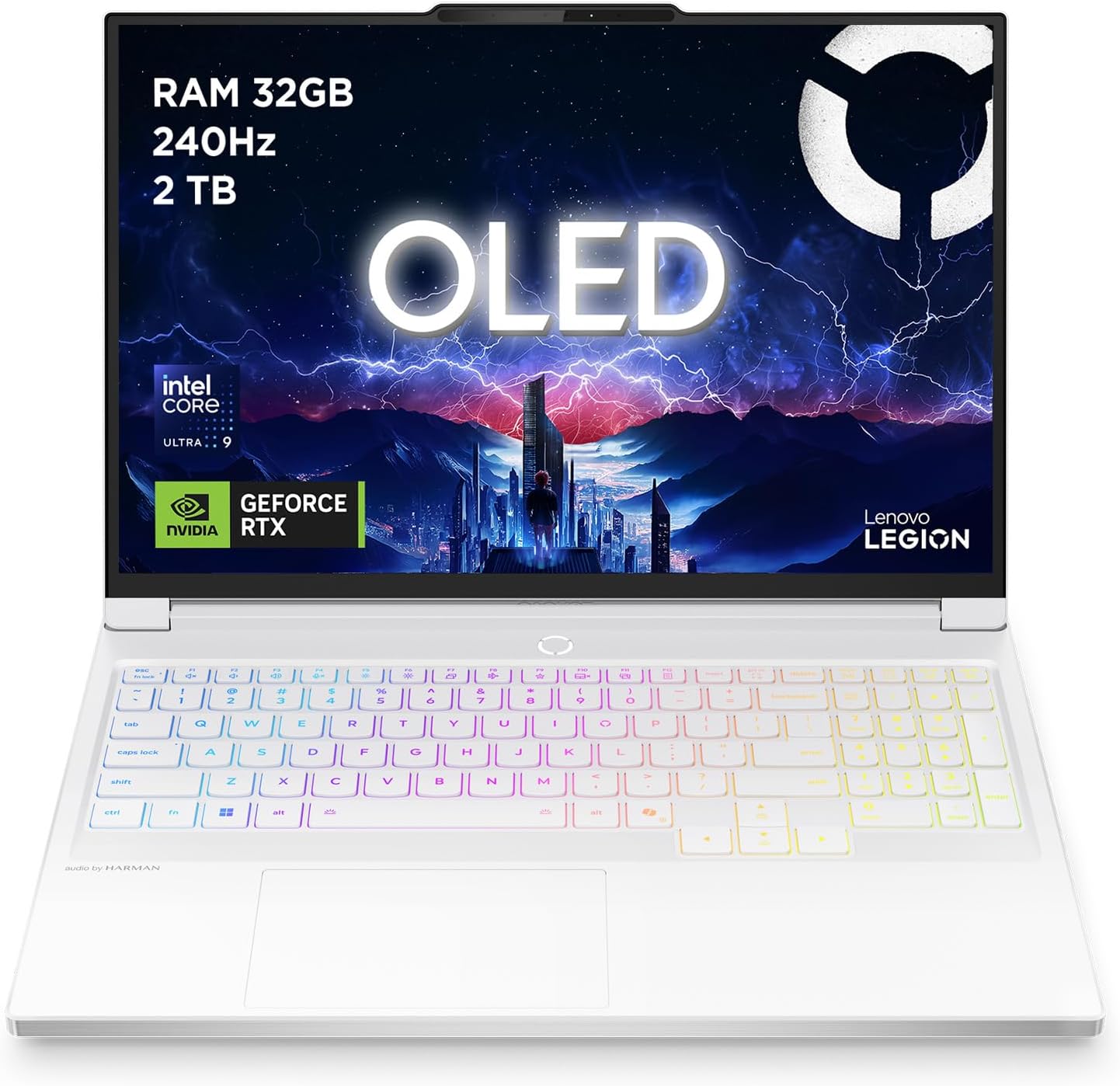 Il notebook gaming Lenovo Legion 7 che mostra una grafica di gioco intensa su sfondo scuro con illuminazione RGB.