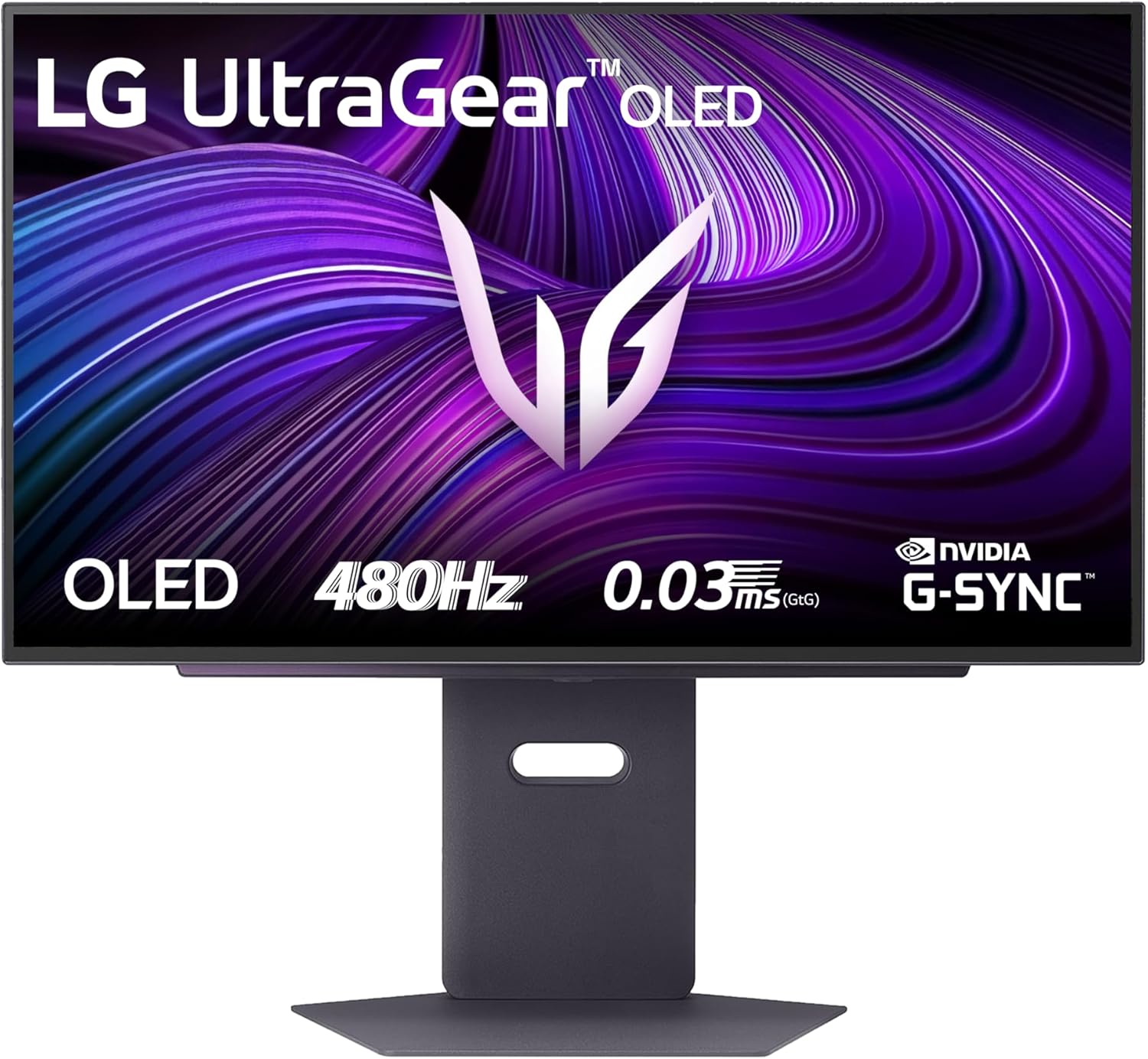 Un monitor da gaming LG UltraGear OLED che mostra un'immagine di gioco ad alta velocit�, con un logo 480Hz evidenziato sullo schermo