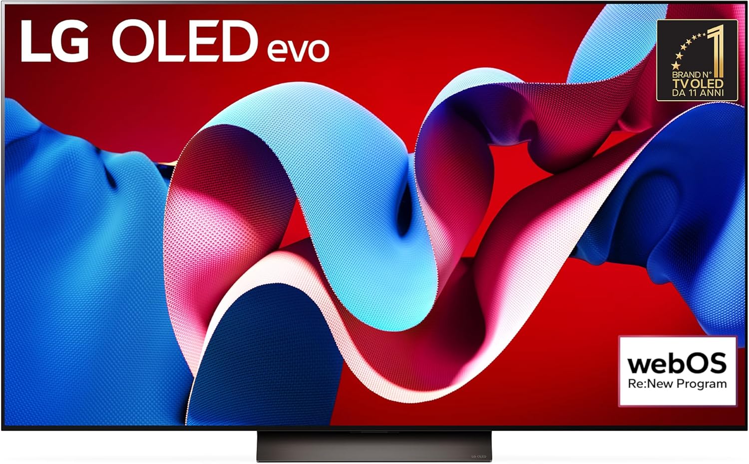 Il televisore LG OLED evo C4 da 65 pollici montato a parete in un salotto moderno.