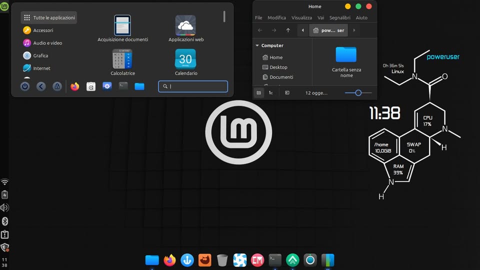 Screenshot del desktop di Linux Mint 22.1 con l'ambiente grafico Cinnamon 6.2, che mostra il nuovo menu di avvio e le icone aggiornate