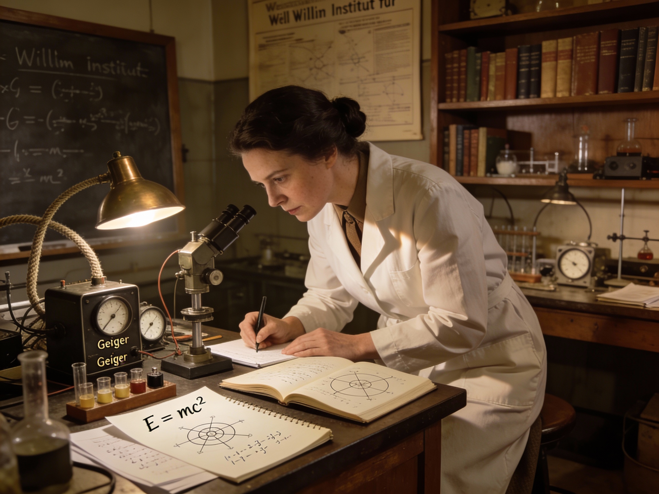 Lise Meitner al lavoro nel suo laboratorio con strumenti di fisica nucleare e appunti scientifici