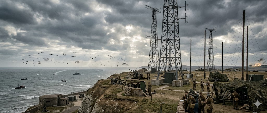 I grandi tralicci in acciaio e legno della rete difensiva Chain Home sulla costa britannica durante il Blitz del 1940.