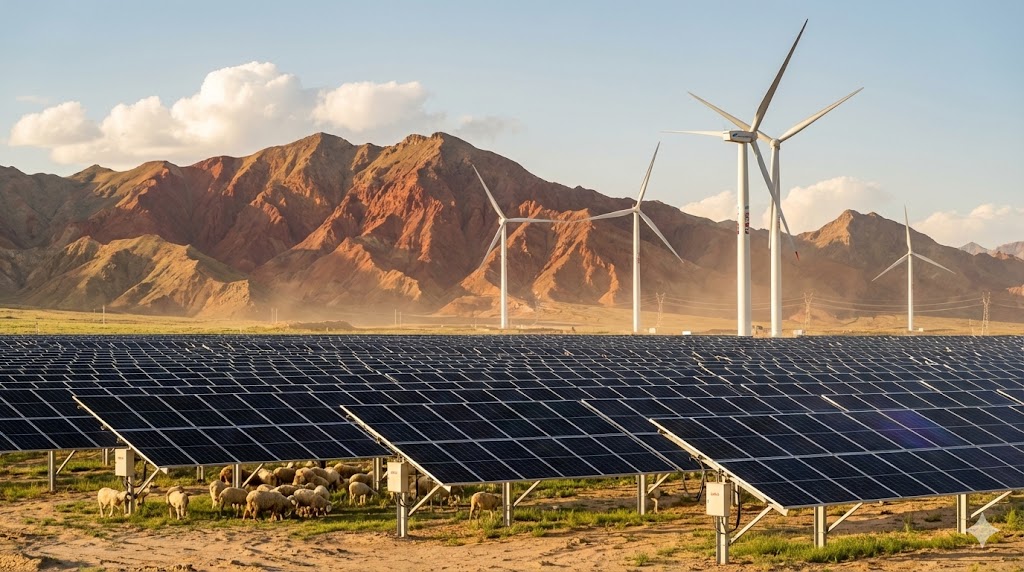 Pannelli solari LONGi e turbine eoliche Goldwind in un paesaggio cinese