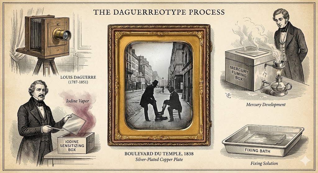 Dagherrotipo con lastra argentata e Boulevard du Temple di Daguerre