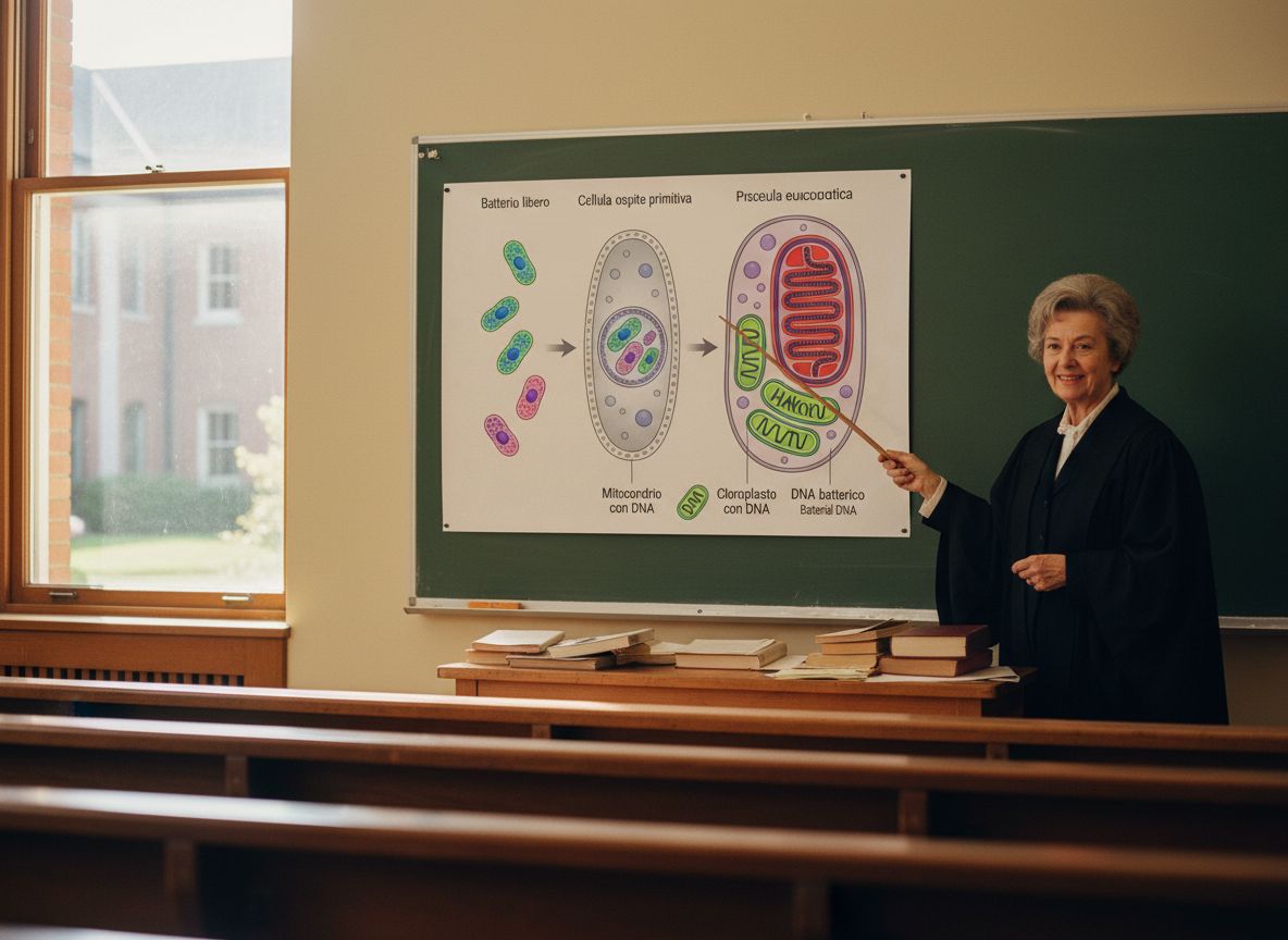 Rappresentazione scientifica della teoria endosimbiotica con mitocondri e cloroplasti