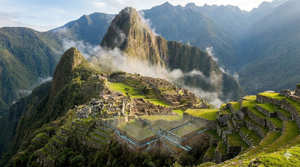 Vista di Machu Picchu con terrazze incaiche, fondazioni in pietrisco e sistema di drenaggio sotterraneo tra le Ande peruviane