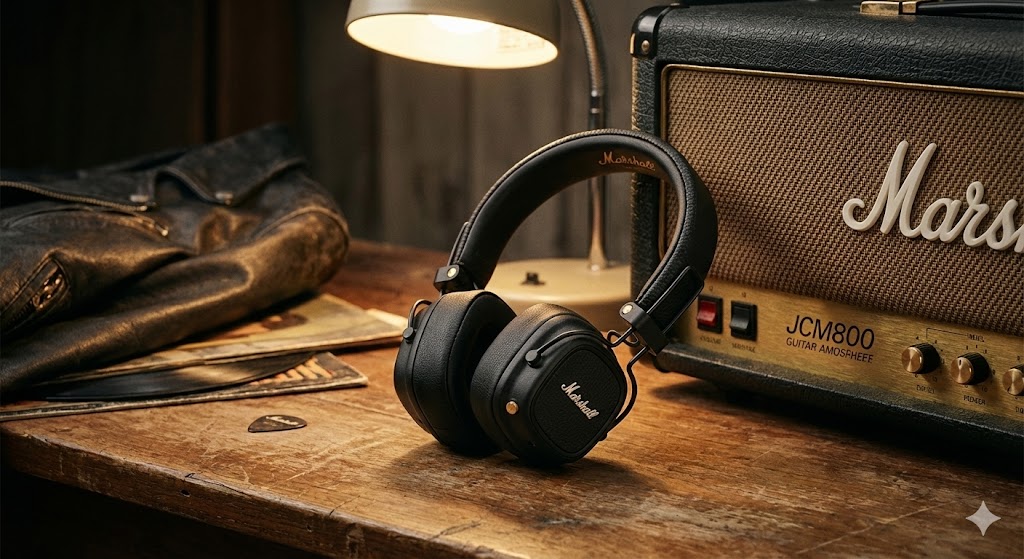 Le cuffie Marshall Major V con il classico design nero e dettagli in ottone