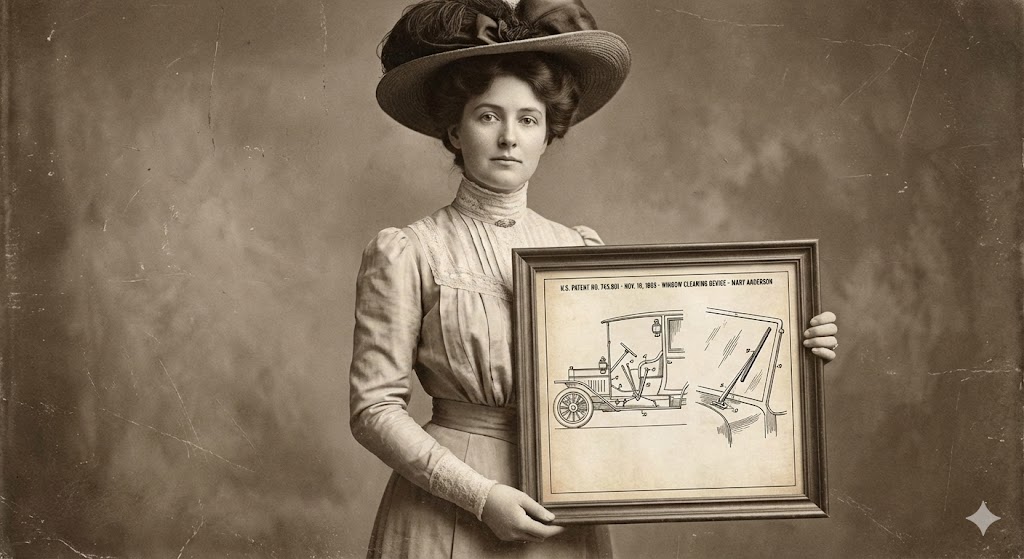 Mary Anderson con il disegno brevettuale del tergicristallo manuale azionato da leva interna del 1903