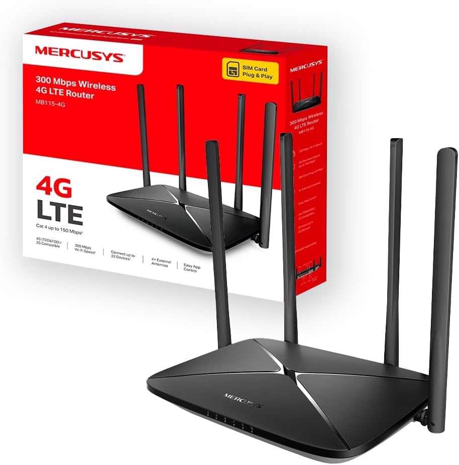 Il router 4G Mercusys MB115 con le sue antenne esterne, posizionato su una superficie piana.
