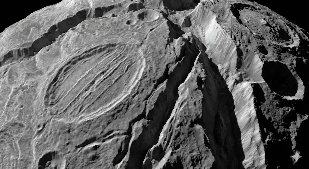 Immagine composita della luna di Urano, Miranda, che mostra la sua superficie ghiacciata e fratturata, basata sui dati della sonda Voyager 2