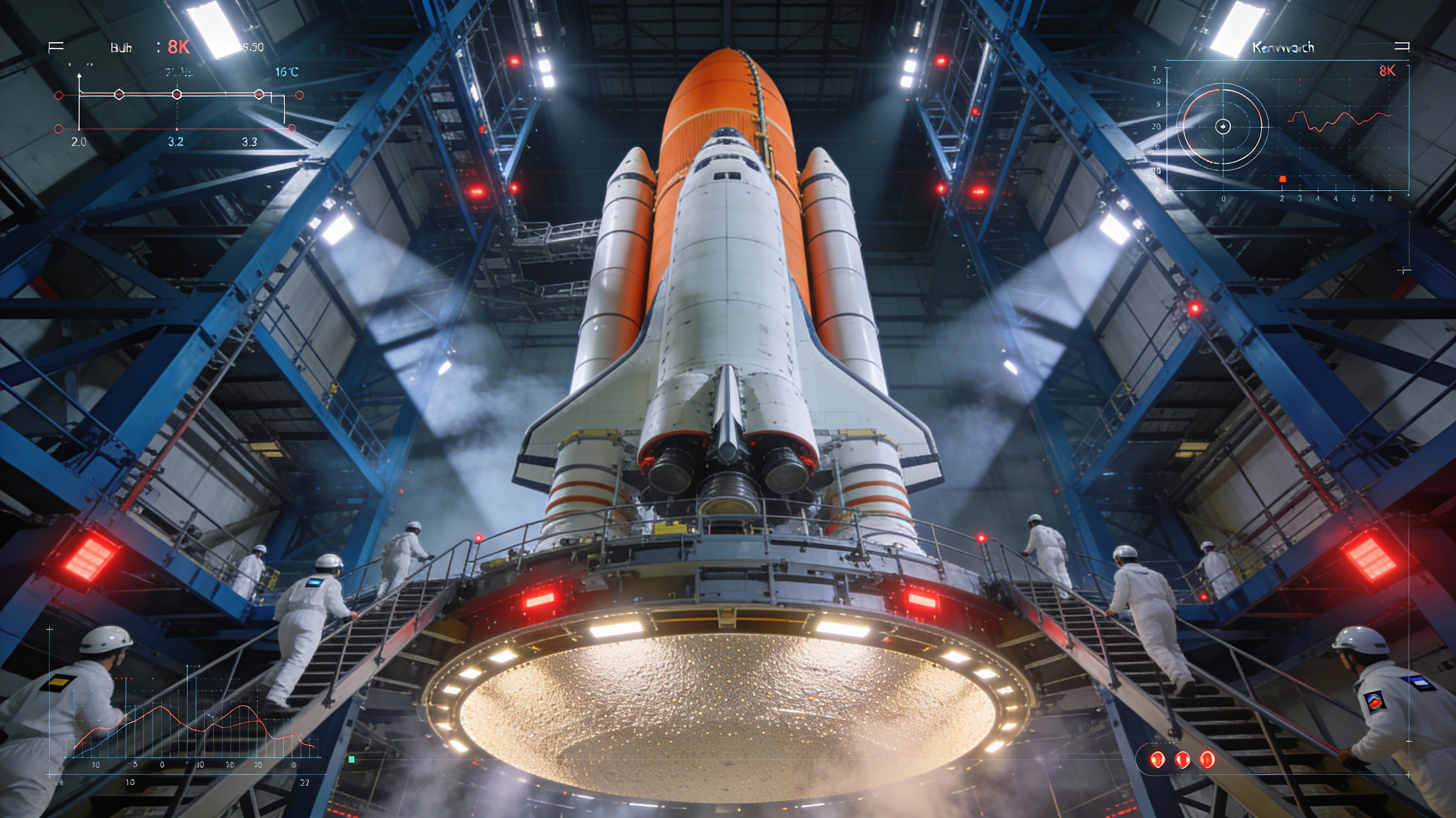 Capsula Orion montata su razzo SLS al Kennedy Space Center con atmosfera tesa e dettagli tecnici dello scudo termico evidenziati