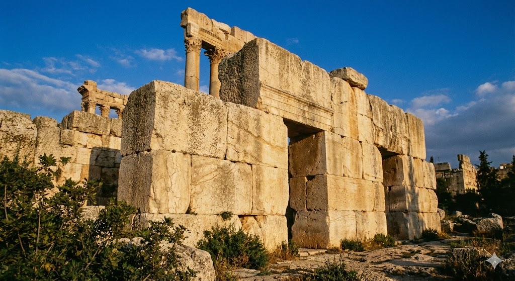 I tre colossali blocchi di pietra del Trilithon di Baalbek incastonati nel podio del Tempio di Giove