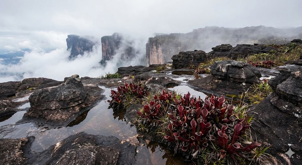 La cima piatta del tepui Mount Roraima avvolta nella nebbia con piante carnivore Heliamphora nutans endemiche e pareti verticali di arenaria