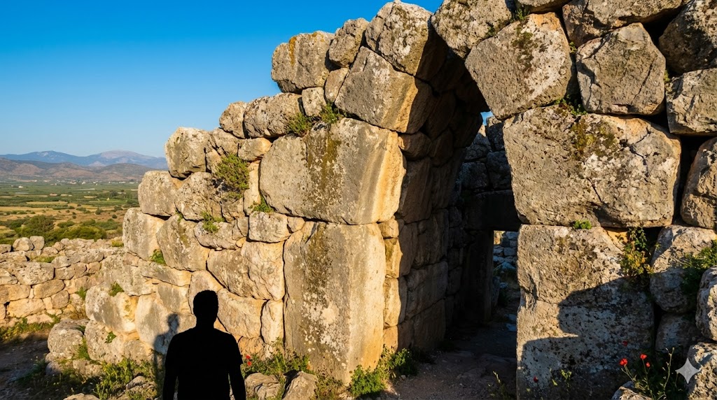 Vista delle possenti mura ciclopiche di Tirinto con massi calcarei di diverse tonnellate