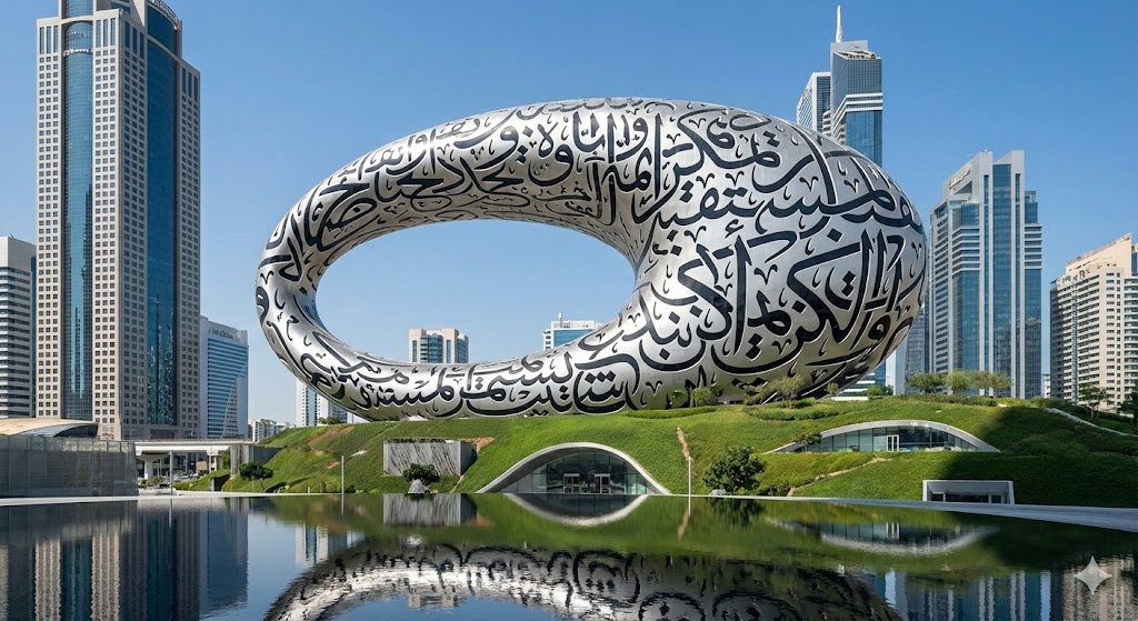La straordinaria facciata toroidale del Museo del Futuro a Dubai, decorata con calligrafia araba.