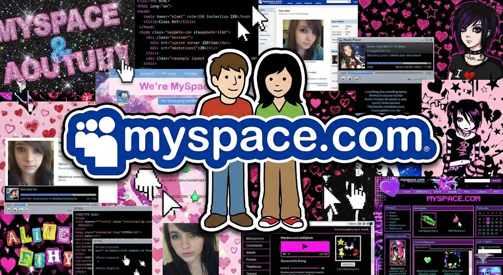Una grafica che mostra il vecchio logo MySpace su uno sfondo di profili personalizzati e caotici degli anni 2000.