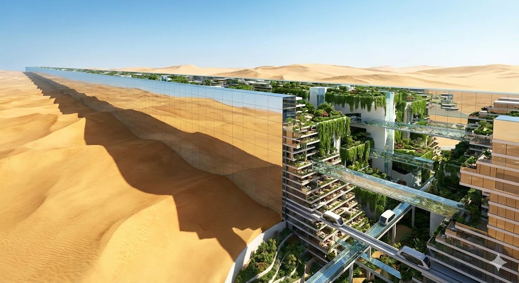 Rendering concettuale del progetto 'The Line' a Neom, una citt� lineare con una facciata a specchio che attraversa il deserto.
