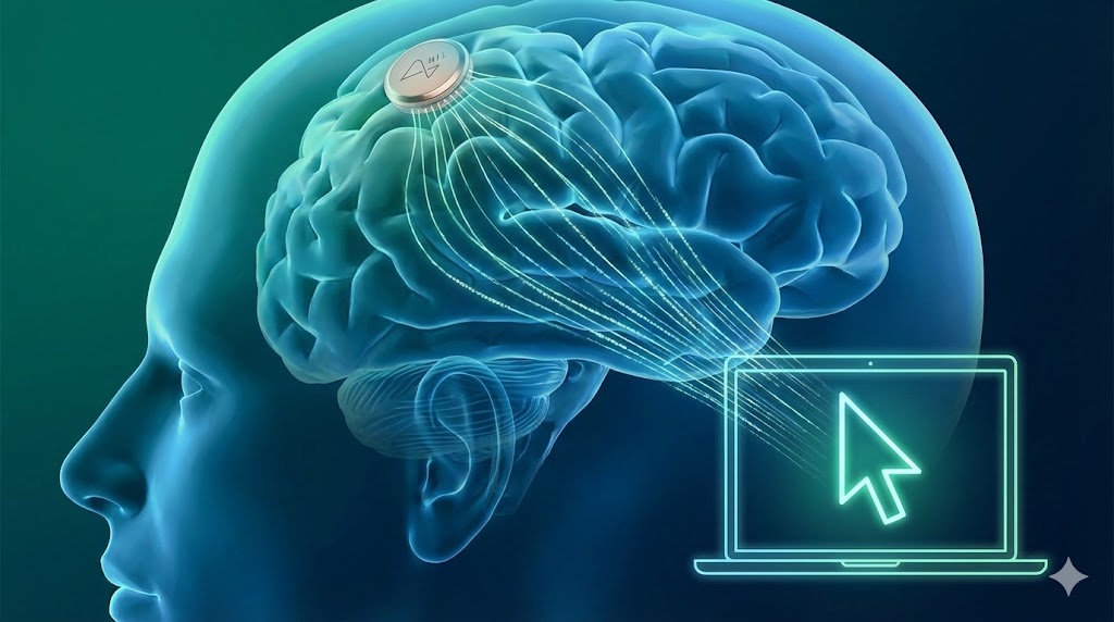 Grafica che illustra il chip N1 di Neuralink impiantato nel cervello e l'interfaccia con un computer.