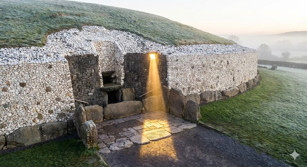 La tomba a corridoio di Newgrange con il tumulo di 80 metri e il fascio di luce del solstizio invernale che illumina la camera interna