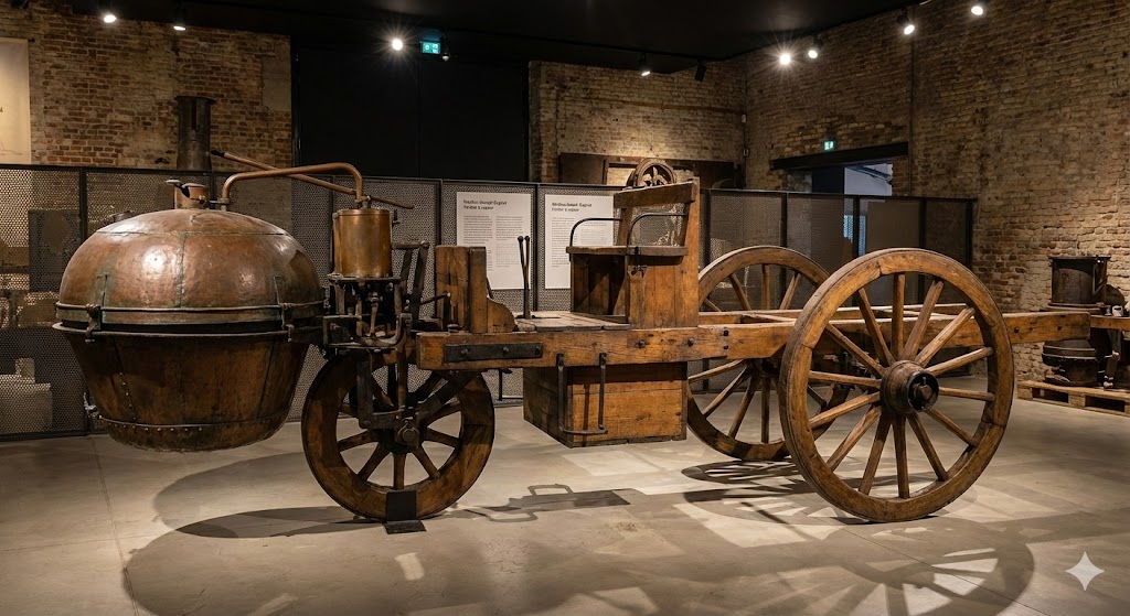 Il Fardier � vapeur di Cugnot, il primo veicolo semovente della storia, esposto in un museo con la sua caratteristica caldaia anteriore