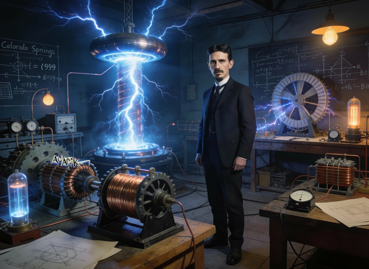 Nikola Tesla nel suo laboratorio con esperimenti sulla corrente alternata e le sue invenzioni