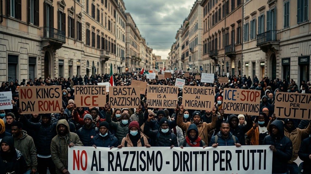 Manifestanti a Roma durante il No Kings Day contro le politiche migratorie e l'amministrazione USA.