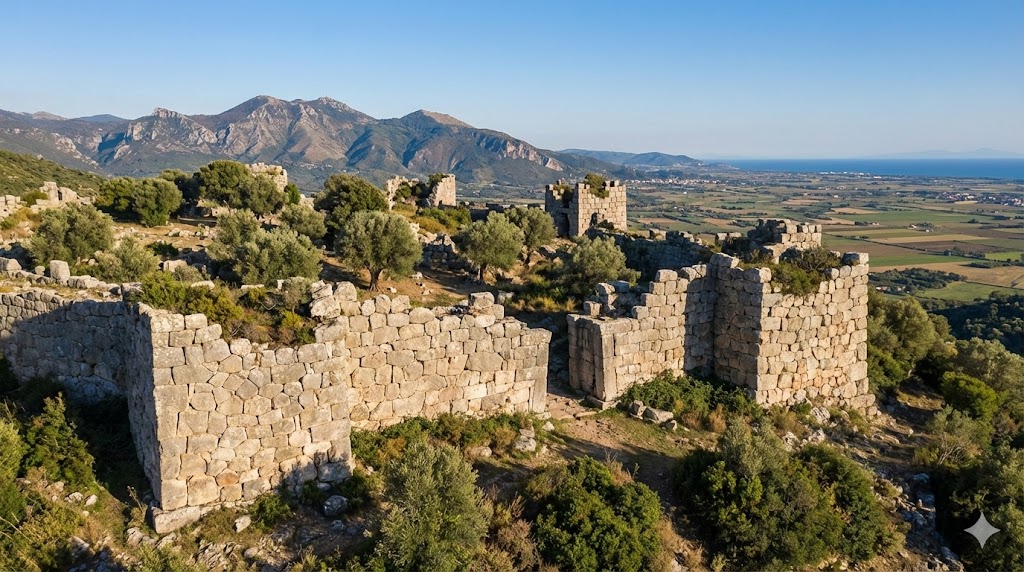 Le mura ciclopiche di Norba con vista sulla pianura