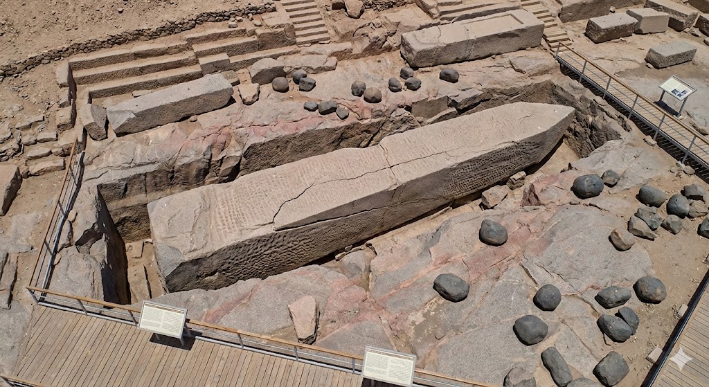 L'enorme obelisco incompiuto ancora parzialmente attaccato alla roccia madre nella cava di Assuan
