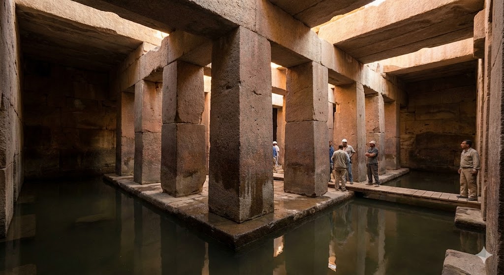 Vista dei massicci pilastri di granito rosso dell'Osirion di Abido