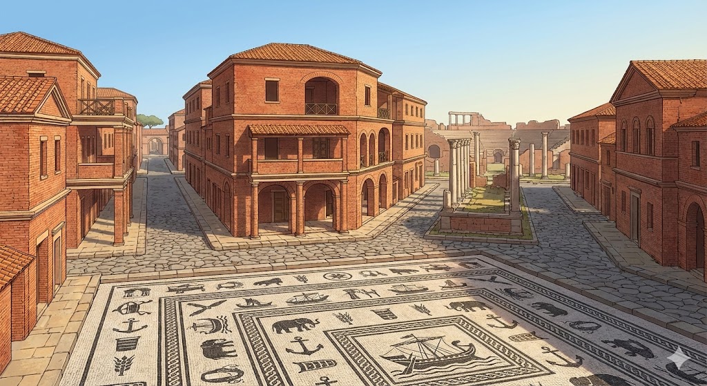 Insulae di Ostia Antica con Piazzale delle Corporazioni e mosaici commerciali