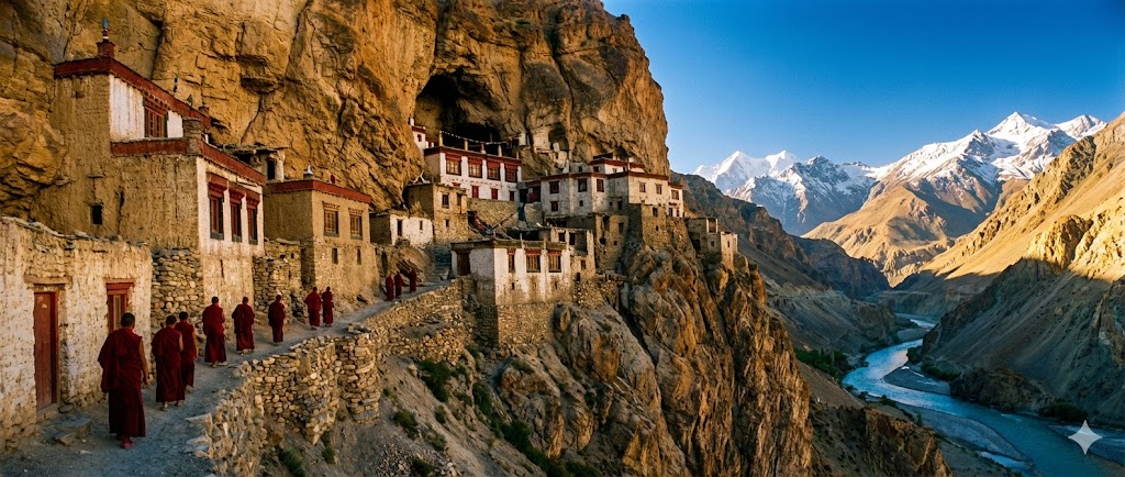 Il monastero di Phugtal costruito nelle pareti di roccia della Padum Valley nella regione dello Zanskar himalayano indiano