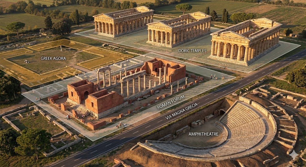 Foro romano che interseca l'antica agor� greca a Paestum