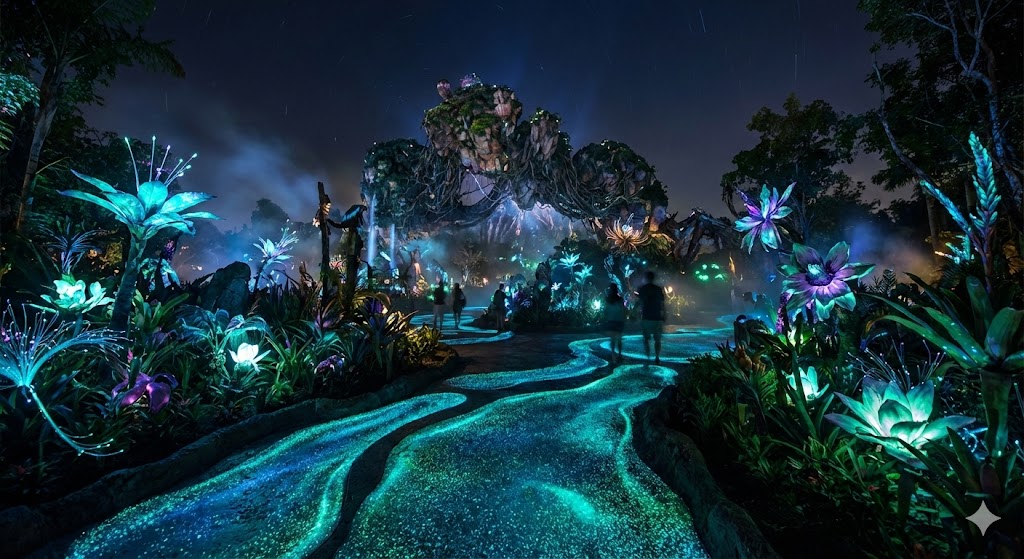Area Pandora di notte con percorsi fotoluminescenti e vegetazione bioluminescente