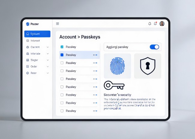 Schermata concettuale delle impostazioni Passkey di Windows 11 con icone di impronta digitale, chiave crittografica e scudo di sicurezza