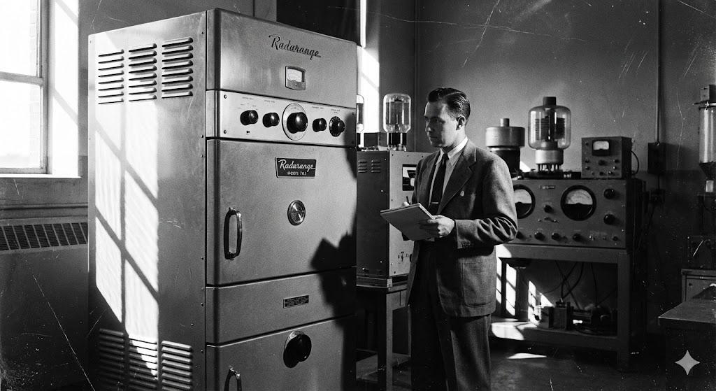 Il Radarange del 1947, il primo forno a microonde commerciale della Raytheon alto quasi due metri, eredità dei radar militari di Percy Spencer