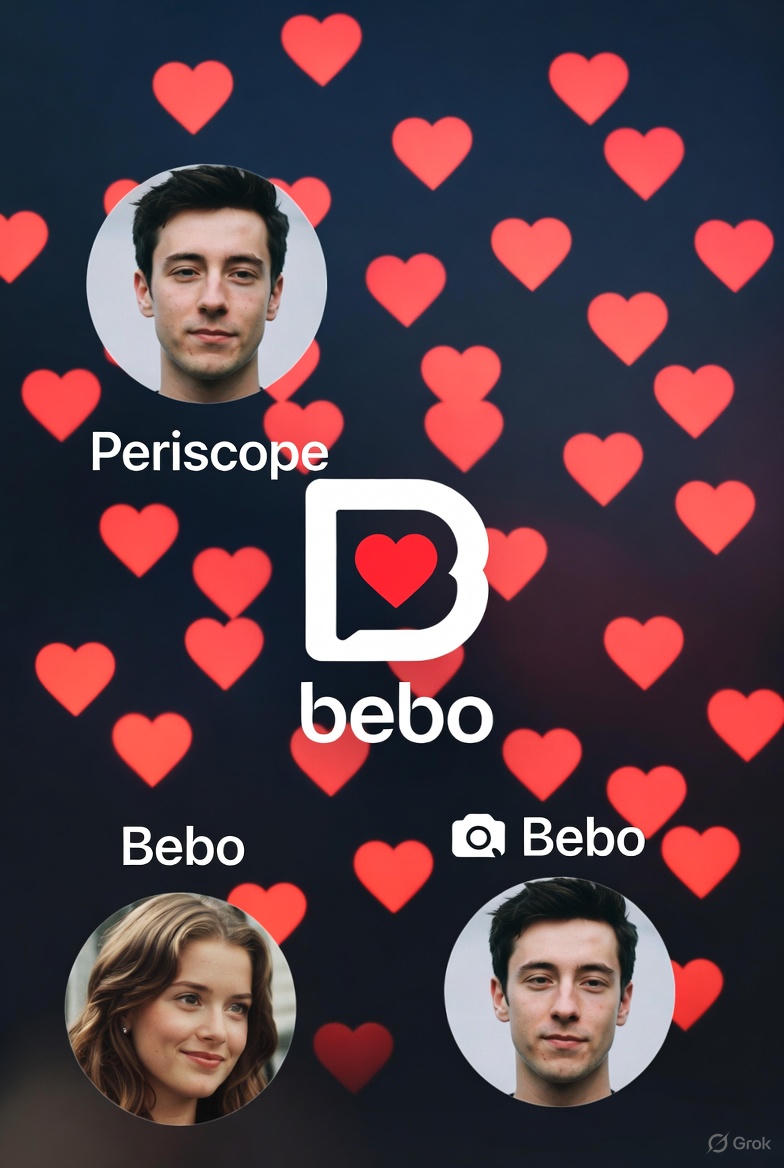 Un'illustrazione che combina elementi visivi di Periscope (streaming live, icone di cuore) e Bebo (profili social anni 2000, logo).