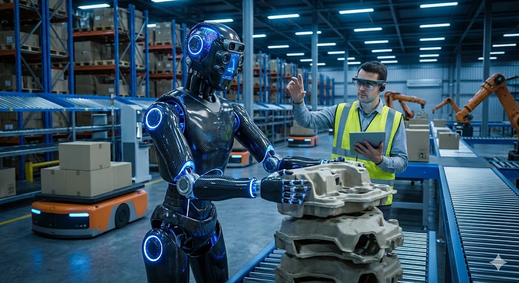 Robot umanoide con sensori avanzati che esegue compiti manuali complessi in un magazzino automatizzato con Physical AI