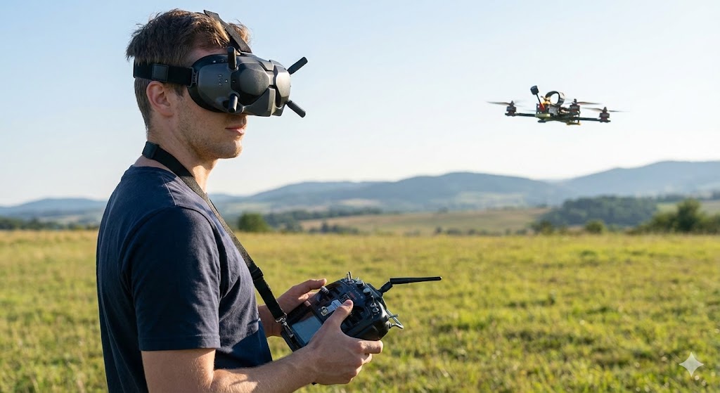 Un pilota di droni FPV indossa un visore e tiene un radiocomando, mentre un piccolo drone da corsa vola in un campo aperto