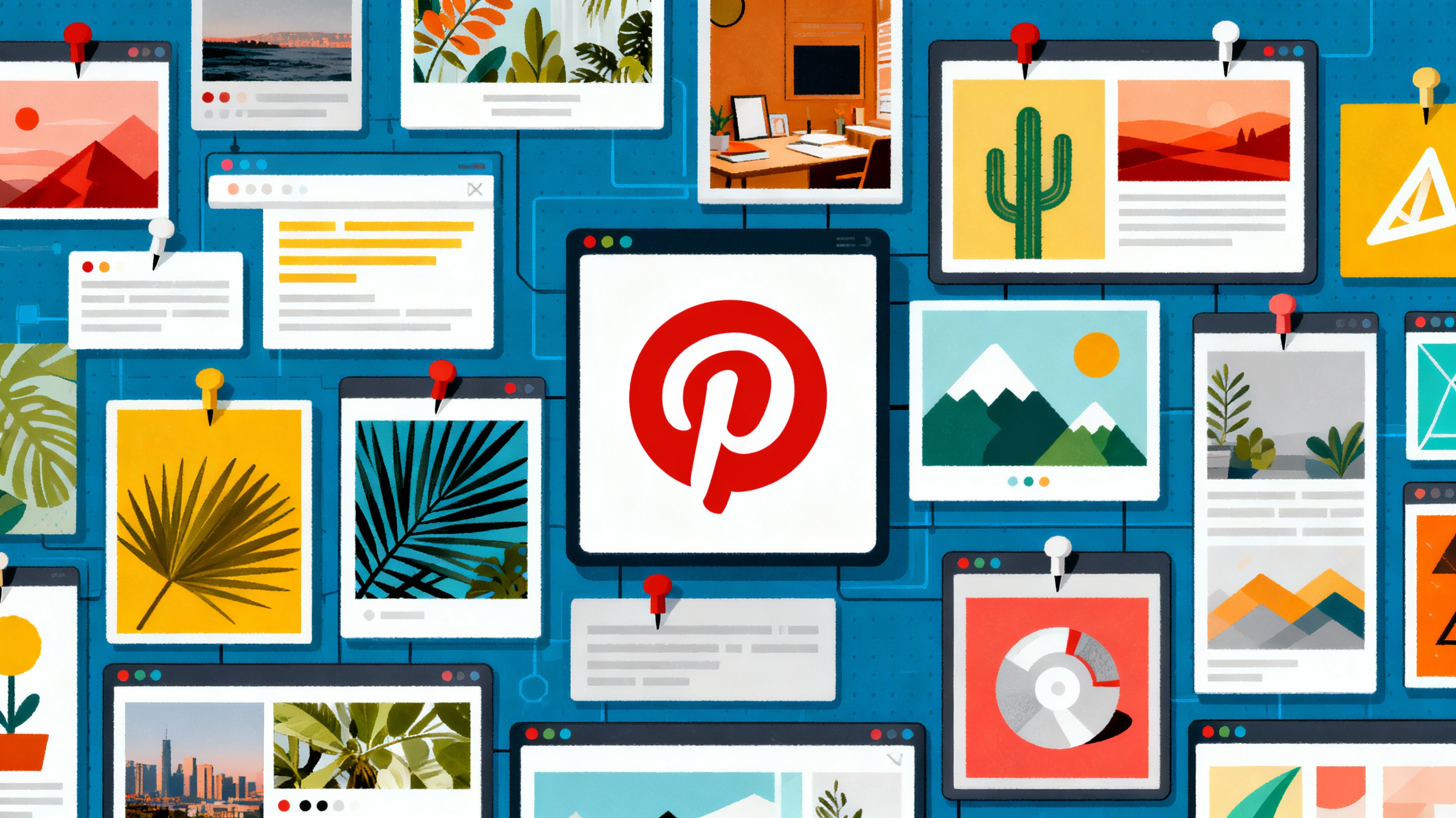 Un'icona moderna e riconoscibile di Pinterest su uno sfondo che mostra una variet di 'pin' visivi organizzati su bacheche digitali.