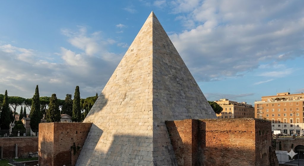 La Piramide Cestia si staglia contro il cielo di Roma, con il suo rivestimento in marmo bianco e la forma slanciata tipica delle piramidi nubiane